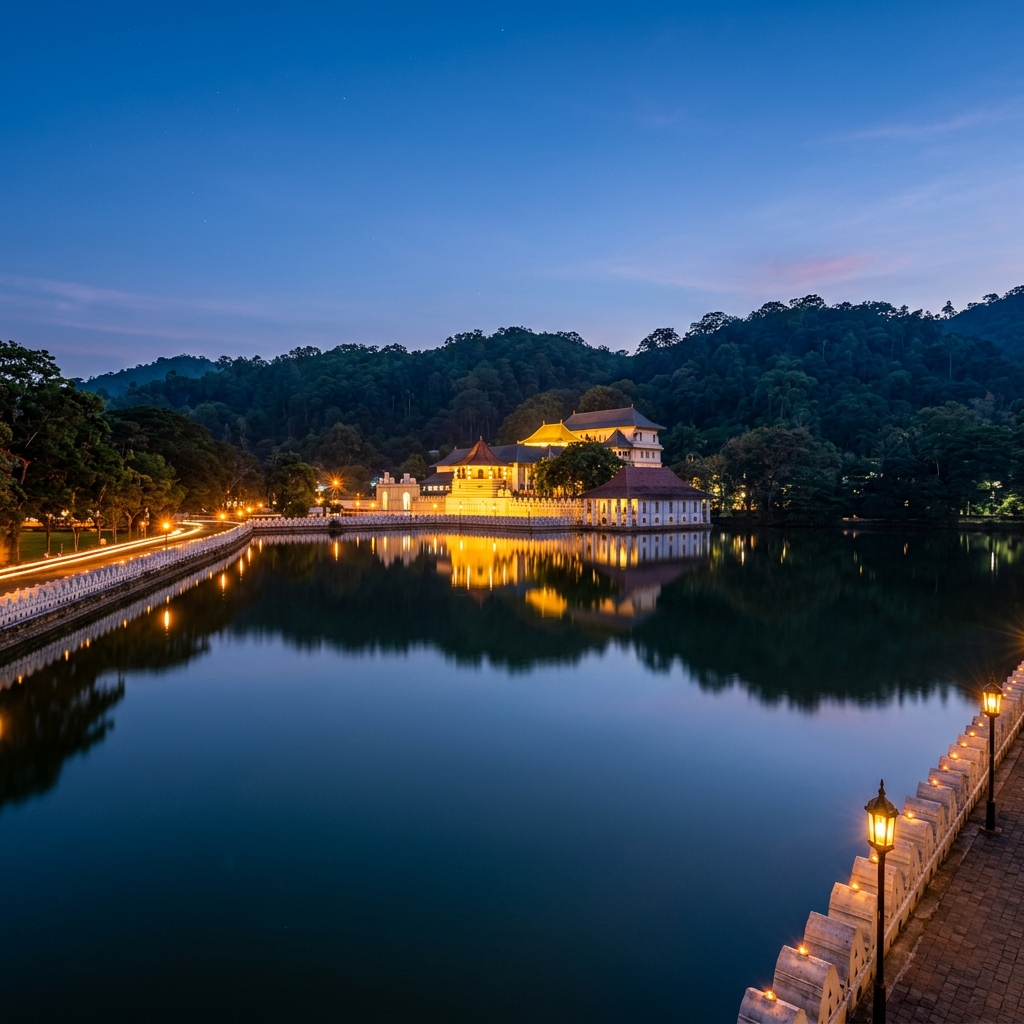 Kandy Lake and Temple of Tooth at dusk